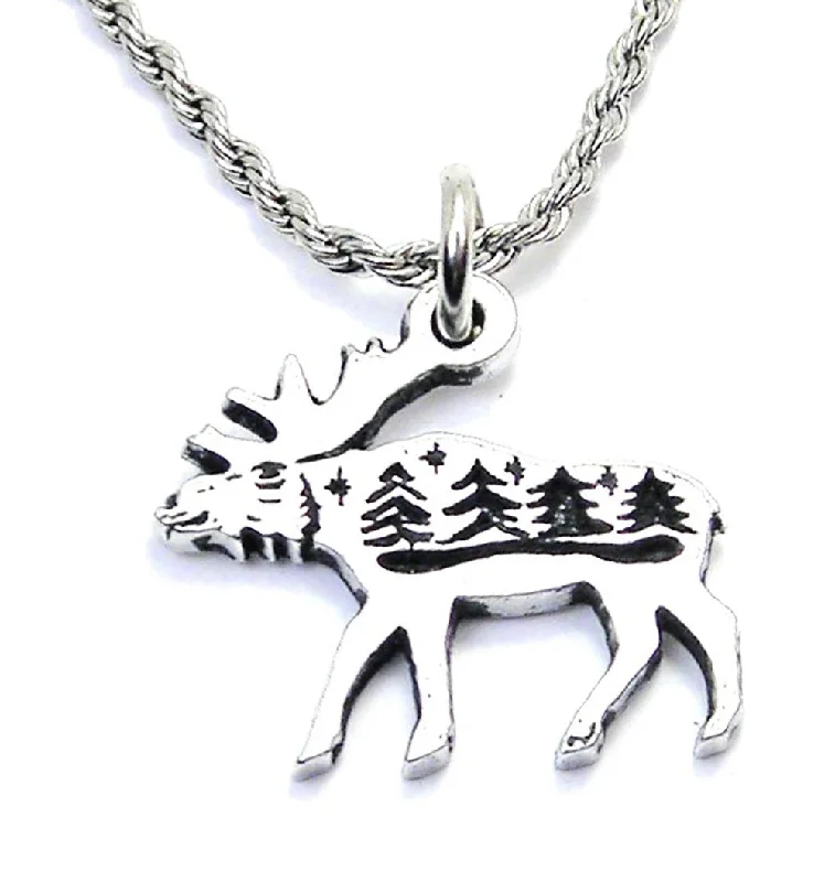 Bold Statement Necklace-Moose With Scenery Single Charm Necklace