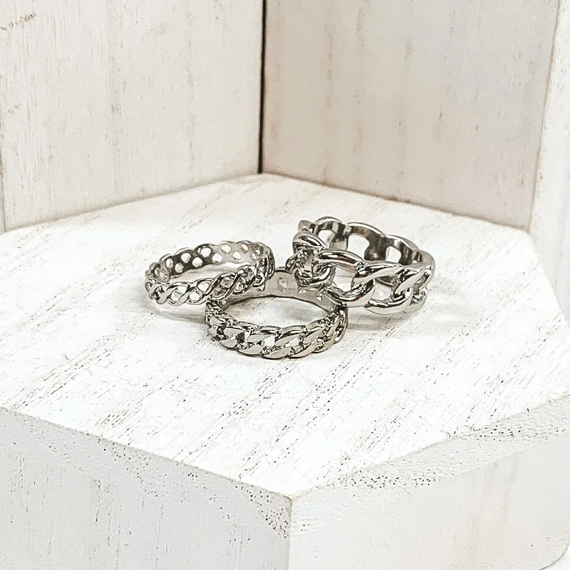 Wedding Band for Men-Set of 3 | Multi Chain Ring Set in Silver Tone