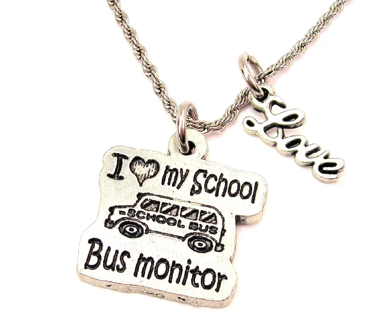 Green Gem Necklace-I Love My School Bus Monitor 20" Chain Necklace With Cursive Love Accent