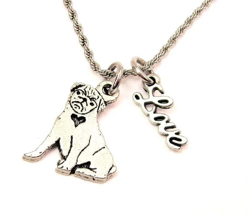 Sterling Silver Pendant Necklace-Sitting Pug 20" Chain Necklace With Cursive Love Accent