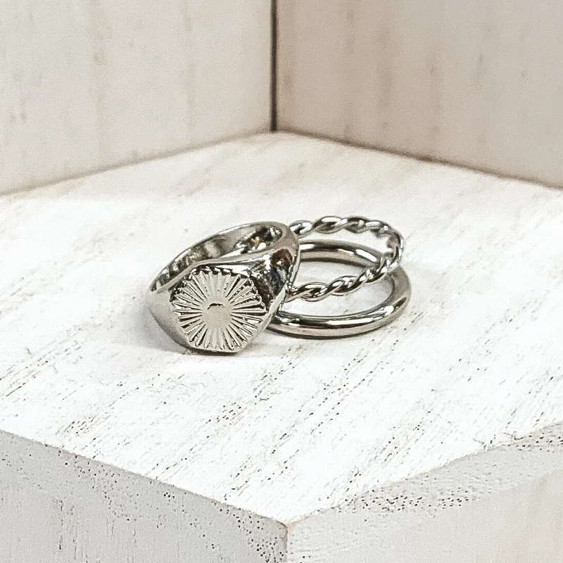 Titanium Wedding Ring-Set of 2 | Hexagon Shaped Sunburst Ring Set in Silver Tone