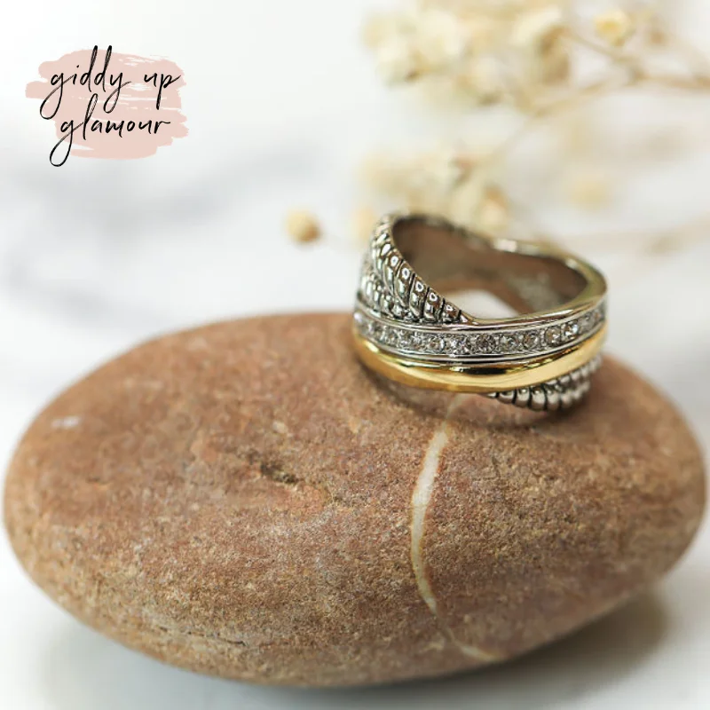 Classic Rose Gold Ring-Two Toned X Cross, Crystal & Rope Textured Ring