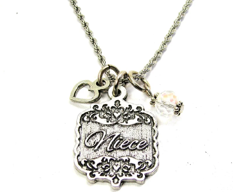 Luxury Diamond Necklace-Niece Victorian Scroll With Open Heart And Crystal 20" Stainless Steel Rope Necklace