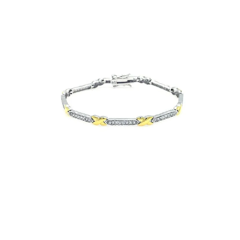 Retro Style Bracelet-Silver 925 Rhodium and Gold Plated Two Tone Clear CZ Tennis Bracelet - STB00376