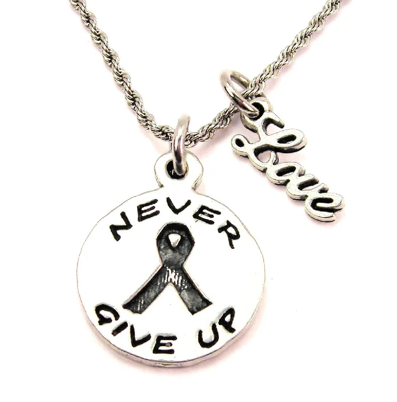 Women’s Engagement Necklace-Never Give Up With Awareness Ribbon 20" Chain Necklace With Cursive Love Accent