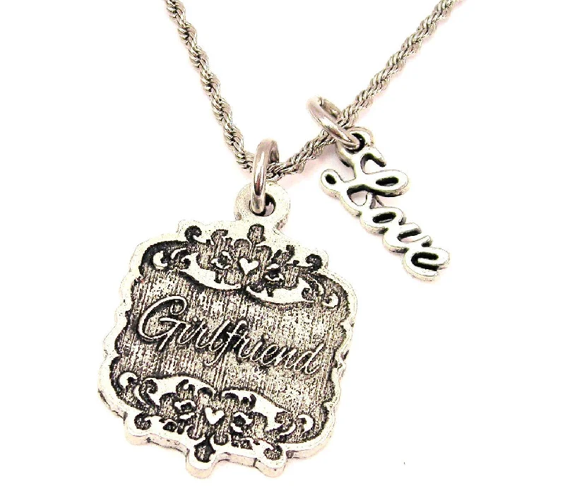 Luxury Gold Necklace-Girlfriend Victorian Scroll 20" Chain Necklace With Cursive Love Accent