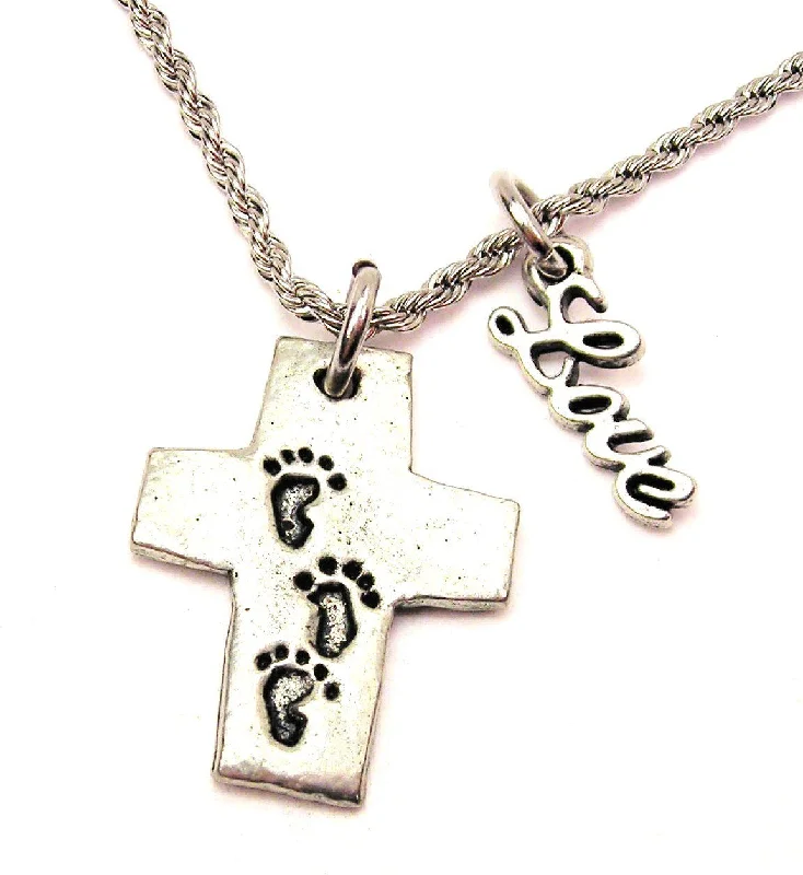 Minimalist Silver Necklace-Footprint Cross 20" Chain Necklace With Cursive Love Accent