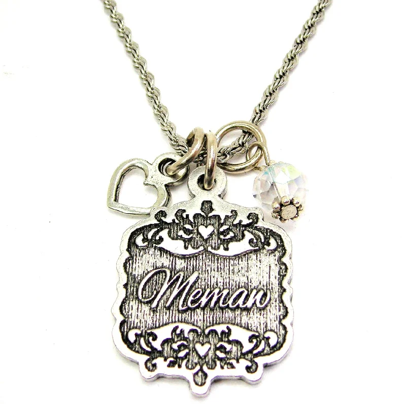 Minimalist Silver Necklace-Memaw Victorian Scroll With With Open Heart And Crystal 20" Stainless Steel Rope Necklace