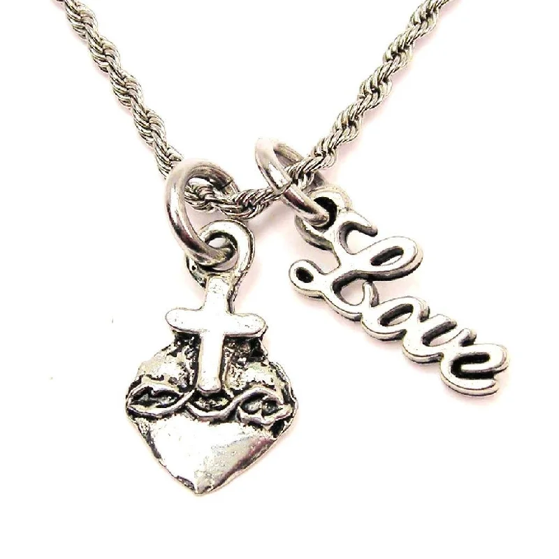 Casual Silver Necklace-Sacred Heart 20" Chain Necklace With Cursive Love Accent