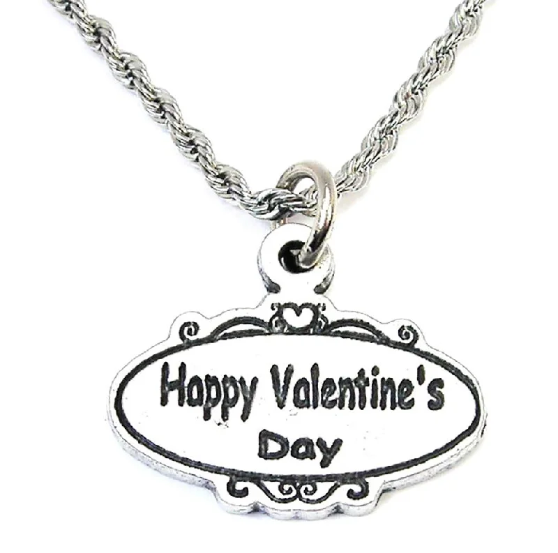 Silver Infinity Necklace-Happy Valentine's Day Scrolled Oval Plaque Single Charm Necklace