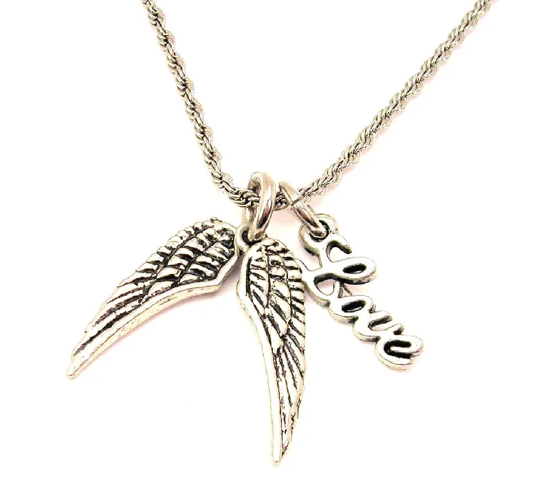 Custom Letter Necklace-Pair Of Angel Wings 20" Chain Necklace With Cursive Love Accent