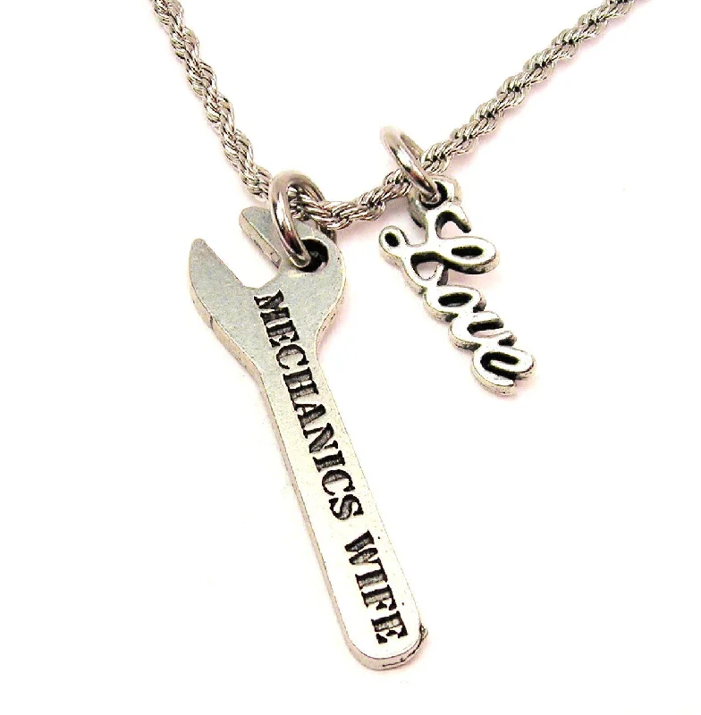 Initial Necklace for Women-Mechanic's Wife 20" Chain Necklace With Cursive Love Accent