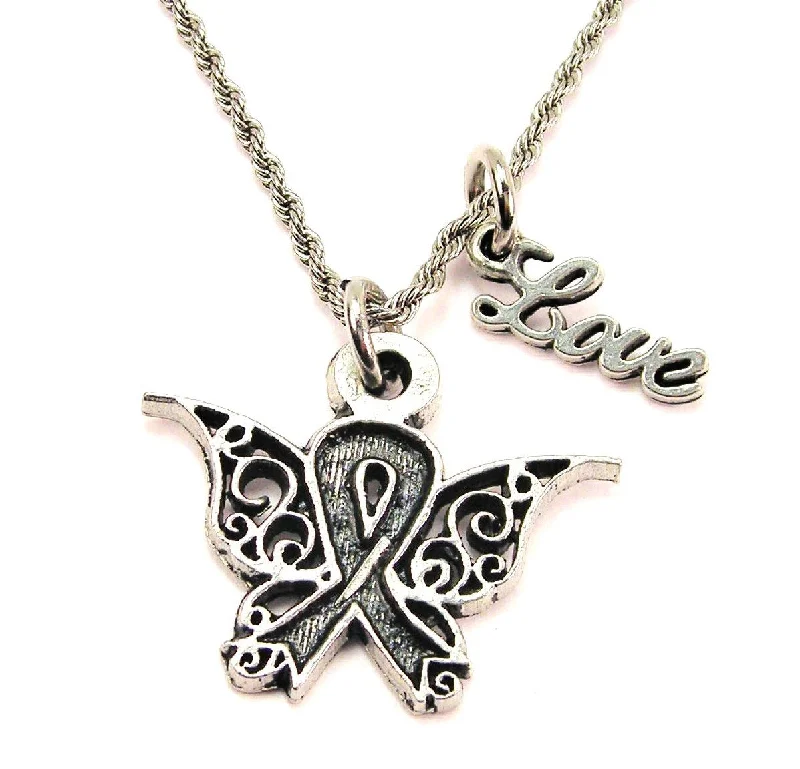 Custom Heart Necklace-Filigree Awareness Ribbon Butterfly 20" Chain Necklace With Cursive Love Accent