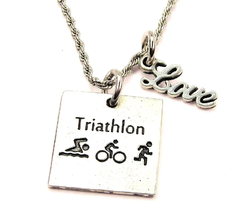 Crystal Pendant Chain Necklace-Triathlon 20" Chain Necklace With Cursive Love Accent