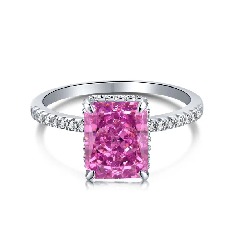 Classic Solitaire Ring-Magenta Pink Solitaire Radiant Cut Half Eternity Diamond Ring Sterling Silver