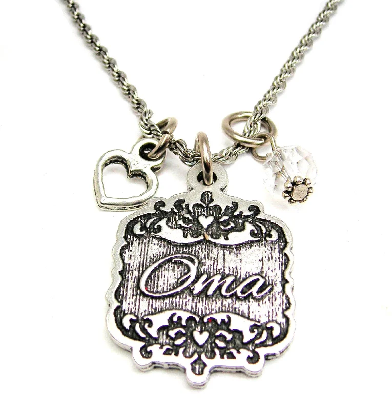 Gemstone Pendant Necklace-Oma Victorian Scroll With With Open Heart And Crystal 20" Stainless Steel Rope Necklace