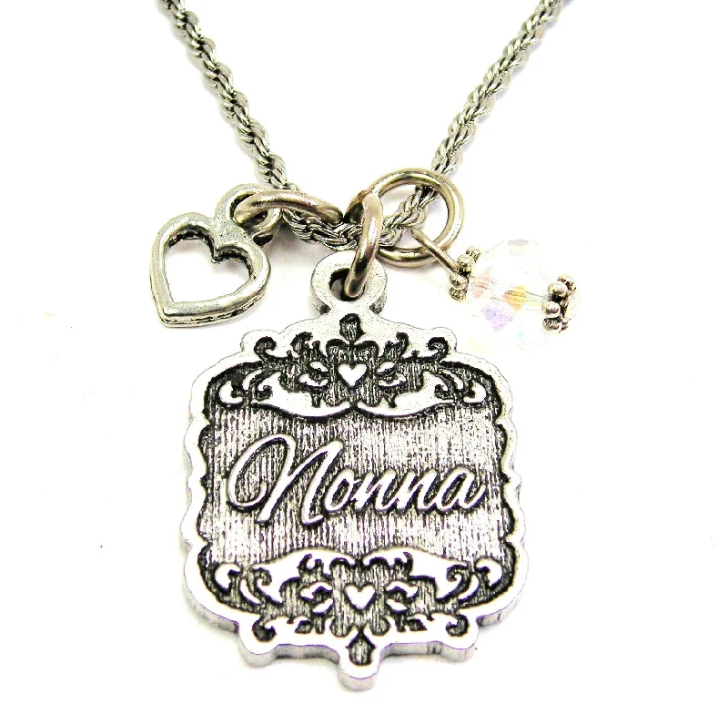 Delicate Chain Necklace-Nonna Victorian Scroll With With Open Heart And Crystal 20" Stainless Steel Rope Necklace