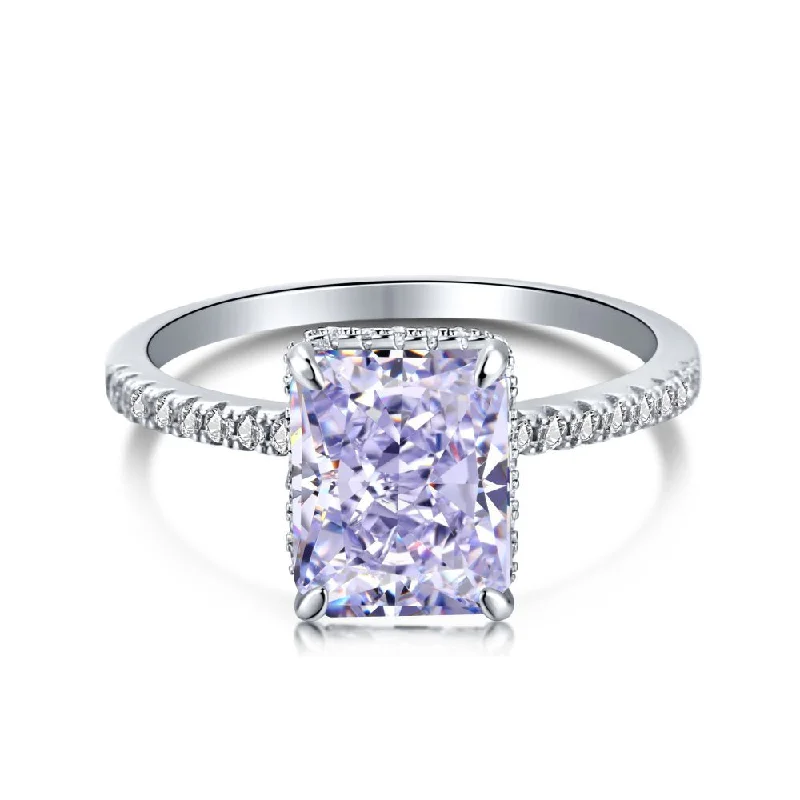 Silver Band Ring-Light Purple Solitaire Radiant Cut Half Eternity Diamond Ring Sterling Silver