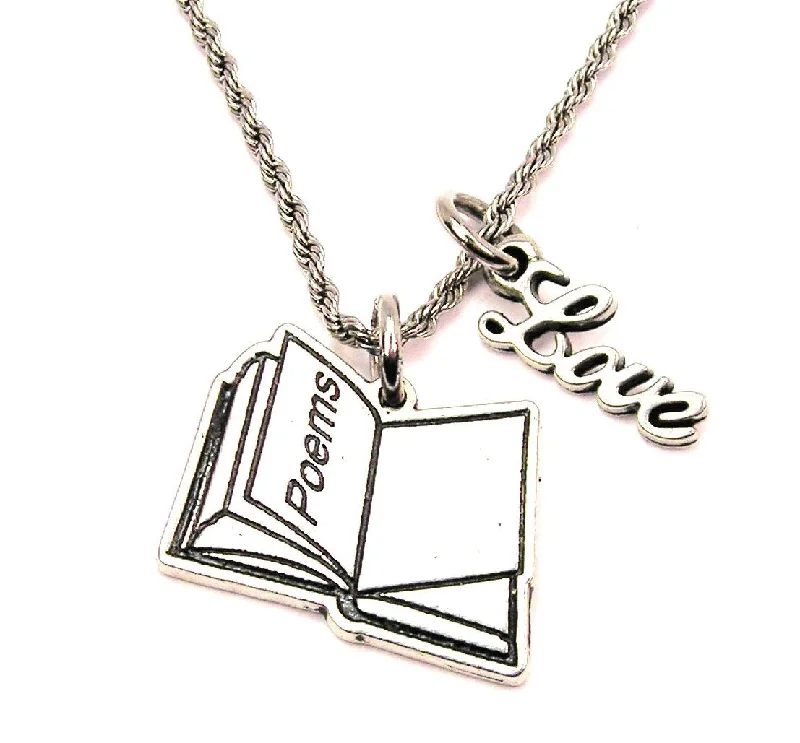 Silver Drop Necklace-Book Of Poems 20" Chain Necklace With Cursive Love Accent