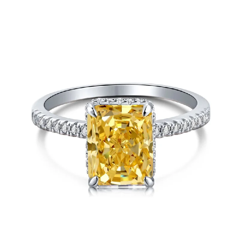 Boho Style Ring-Yellow Citrine Solitaire Radiant Cut Half Eternity Diamond Ring Sterling Silver