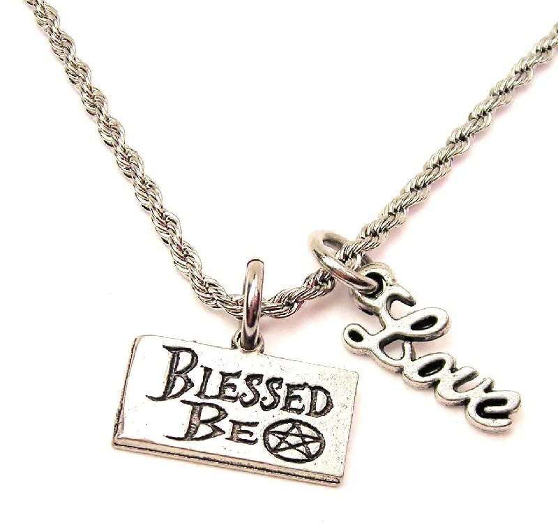 Custom Birthstone Necklace for Mom-Blessed Be With Pentacle 20" Chain Necklace With Cursive Love Accent