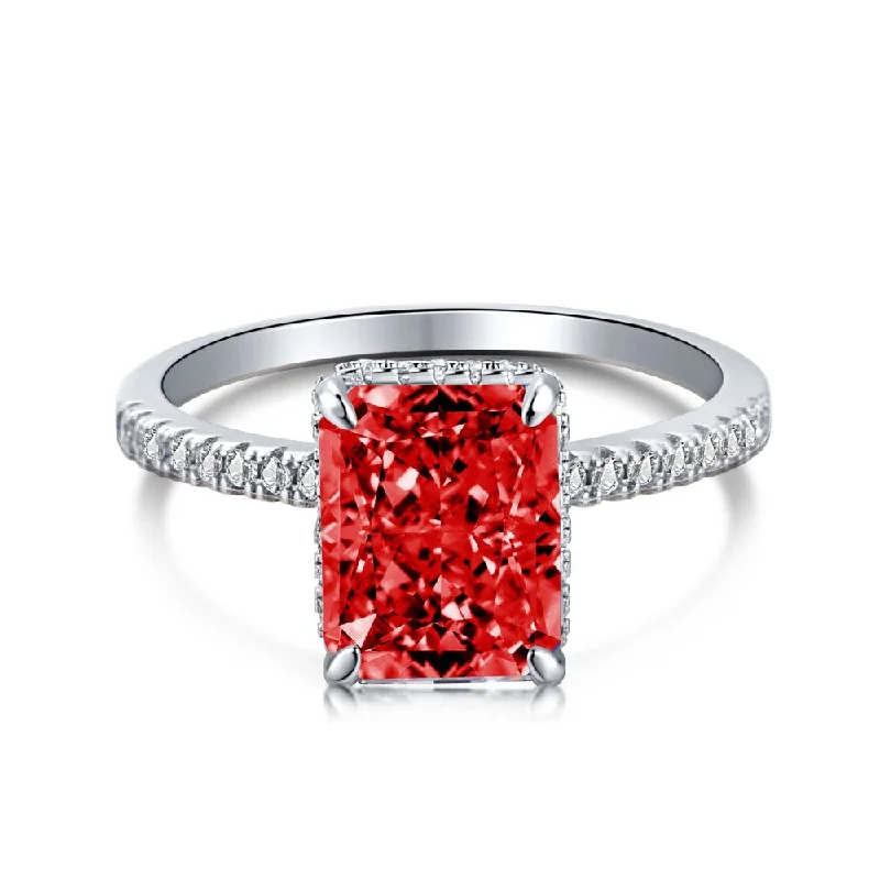 Diamond Eternity Ring-Fire Red Solitaire Radiant Cut Half Eternity Diamond Ring Sterling Silver