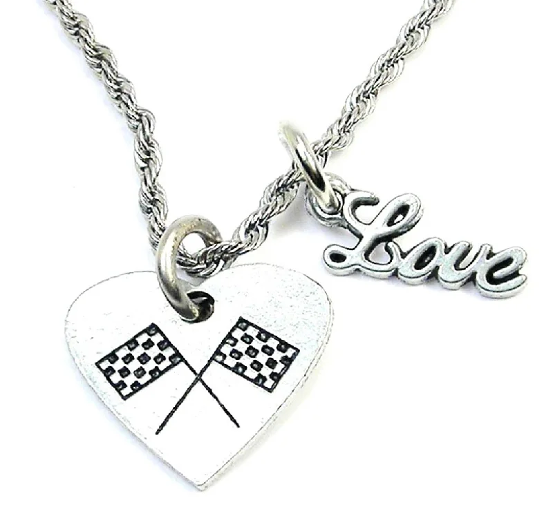 Diamond and Pearl Necklace-Crossed Race Flags In A Heart 20" Rope Necklace With Love