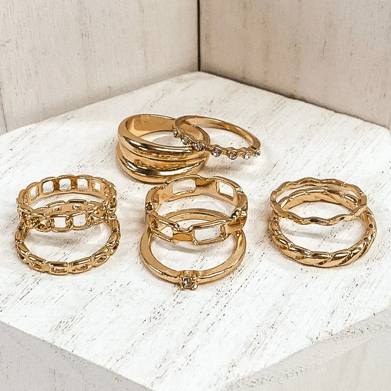 Men’s Wedding Ring with Engraving-Set of 8 | Classic Chain and Crystal Ring Set in Gold Tone