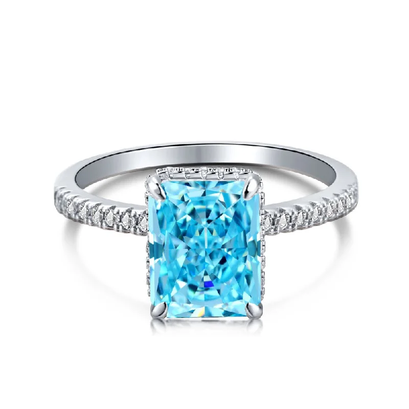 Elegant Diamond Ring-Blue Crushed Ice Solitaire Radiant Cut Half Eternity Diamond Ring Sterling Silver