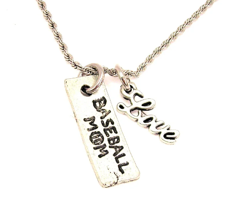 Large Silver Pendant Necklace-Baseball Mom 20" Chain Necklace With Cursive Love Accent