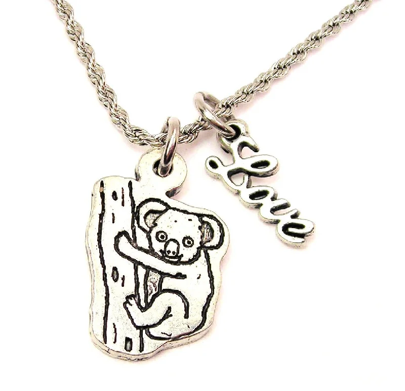 Minimalist Silver Necklace-Koala On A Tree 20" Chain Necklace With Cursive Love Accent