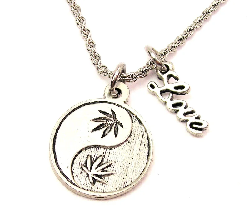 Modern Chain Necklace-Cannabis Yin Yang 20" Chain Necklace With Cursive Love Accent