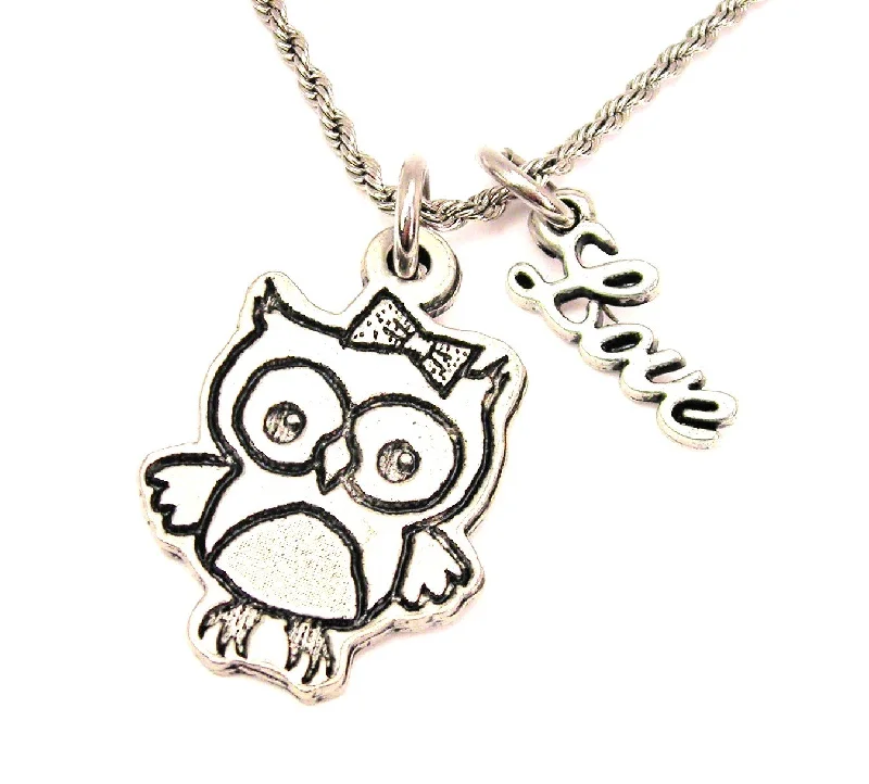 Vintage Diamond Necklace-Cute Owl With Bow 20" Chain Necklace With Cursive Love Accent