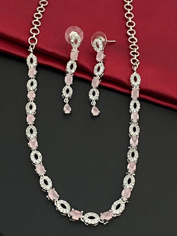 Luxury Silver Necklace-Dazzling White And Pink Stoned Necklace With Earrings Sets For Women