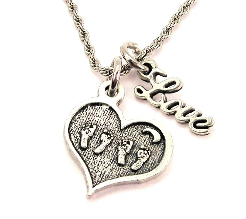 Thin Silver Necklace-Twin Footprints In Heart 20" Chain Necklace With Cursive Love Accent