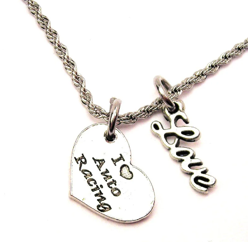 Initial Necklace for Women-I Love Auto Racing 20" Chain Necklace With Cursive Love Accent