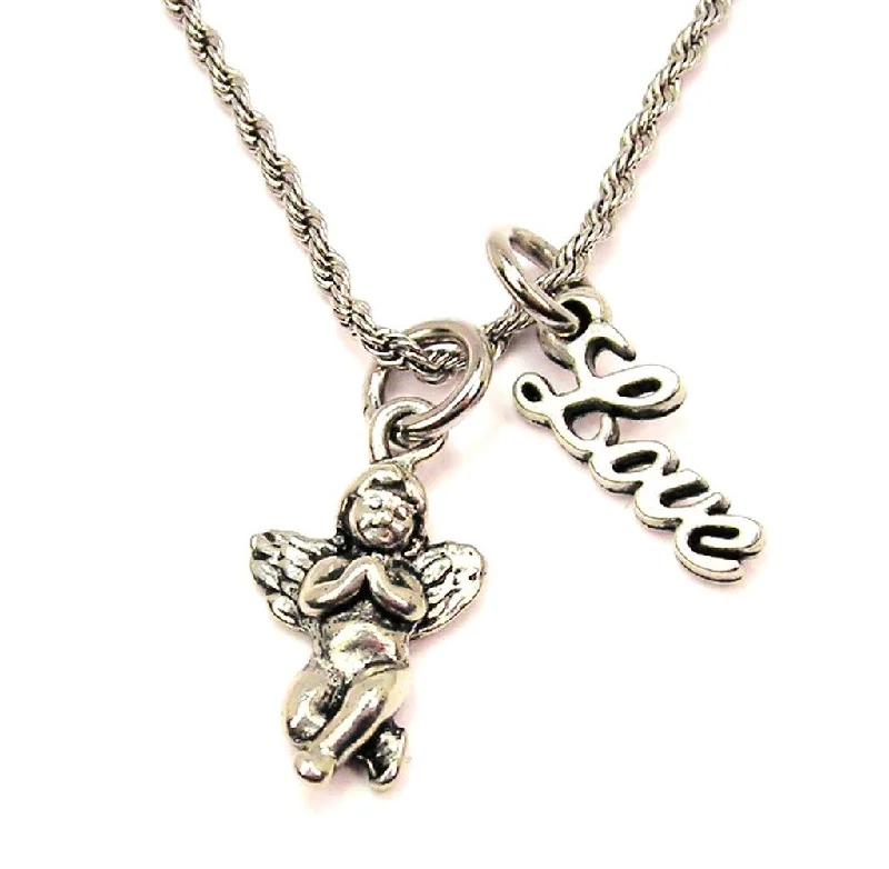 Designer Pearl Necklace-Chubby Praying Angel 20" Chain Necklace With Cursive Love Accent