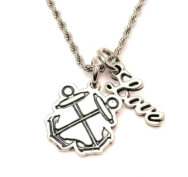 Silver Necklace with Stones-Boatswain Crossed Anchors 20" Chain Necklace With Cursive Love Accent