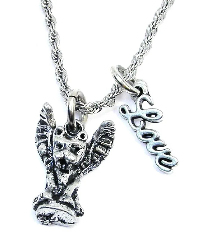 Gemstone Pendant Necklace-Winged Gargoyle 20" Rope Necklace With Love