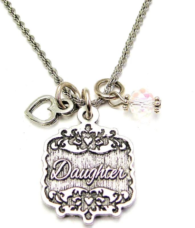 Classic Pearl Necklace-Daughter Victorian Scroll With With Open Heart And Crystal 20" Stainless Steel Rope Necklace