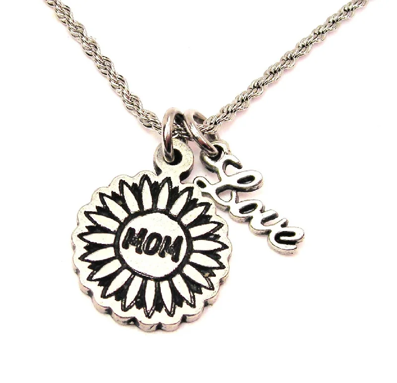 Modern Chain Necklace-Mom Flower 20" Chain Necklace With Cursive Love Accent