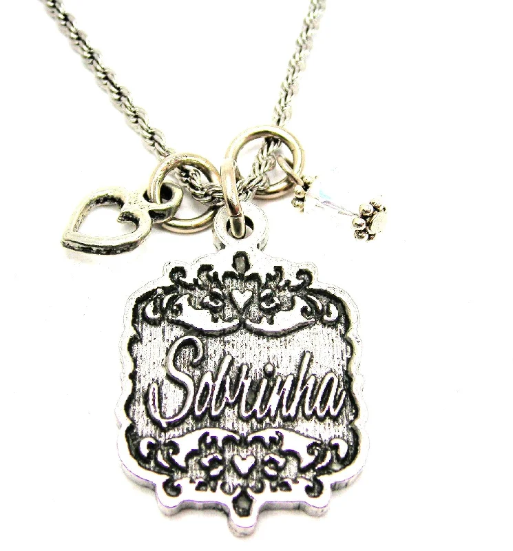 Elegant Gold Necklace-Sobrinha Victorian Scroll With With Open Heart And Crystal 20" Stainless Steel Rope Necklace