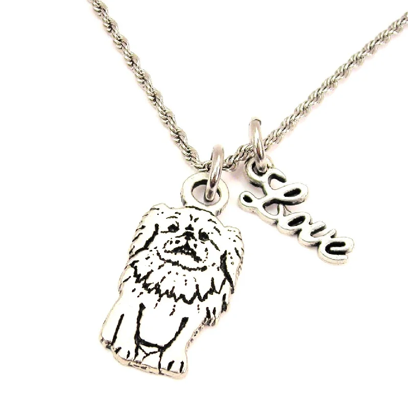 Layered Gold Necklace-Sitting Pomeranian 20" Chain Necklace With Cursive Love Accent