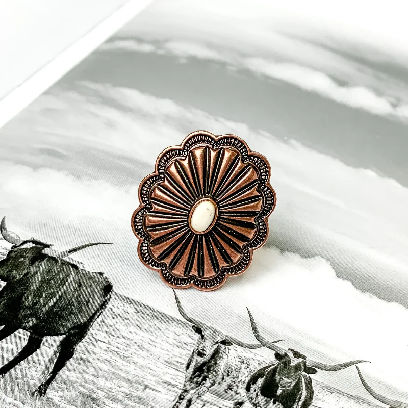 Rose Gold Diamond Ring-Copper Tone Oval Concho Cuff Ring with Center Faux Stone in Ivory