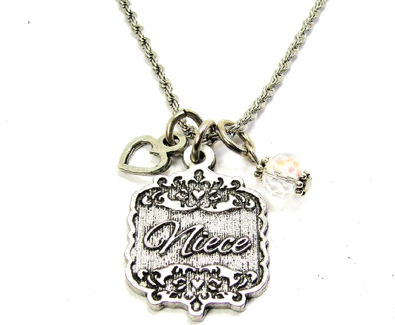 Retro Style Necklace-Niece Victorian Scroll With With Open Heart And Crystal 20" Stainless Steel Rope Necklace