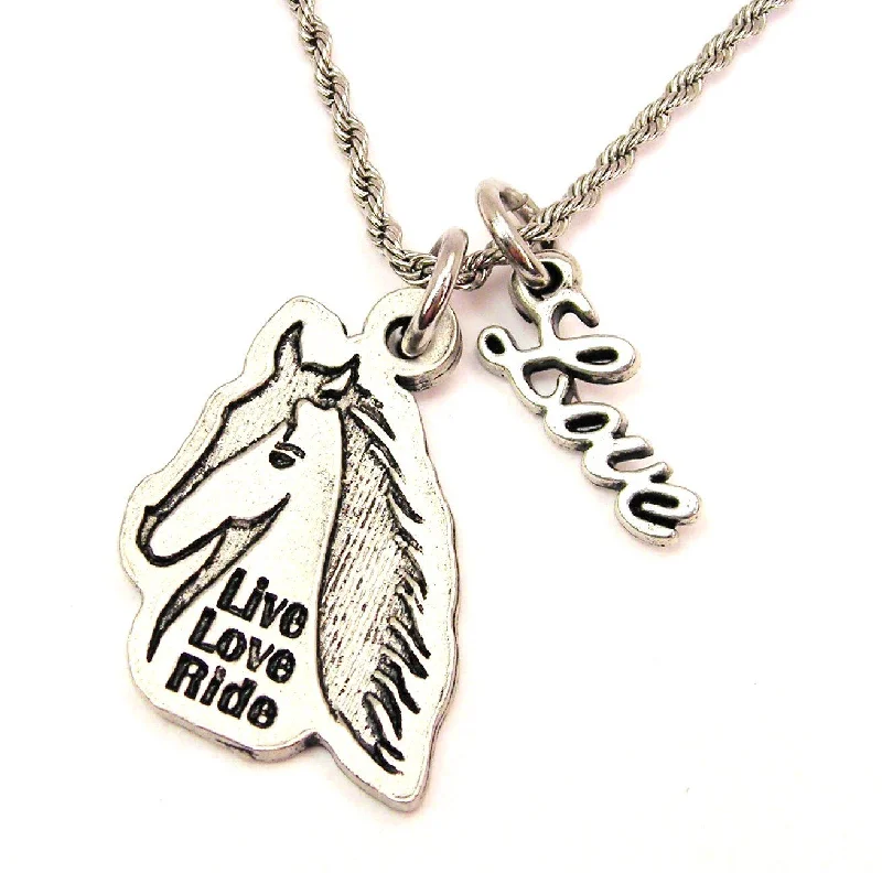 Boho Style Necklace-Live Love Ride Horses 20" Chain Necklace With Cursive Love Accent