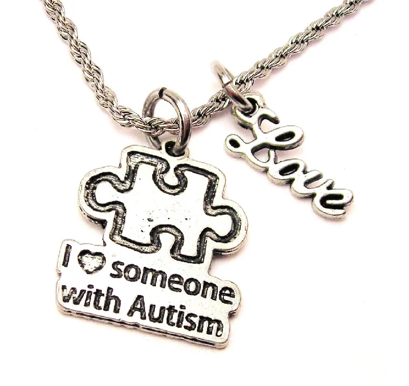 Simple Beaded Necklace-I Love Someone With Autism 20" Chain Necklace With Cursive Love Accent