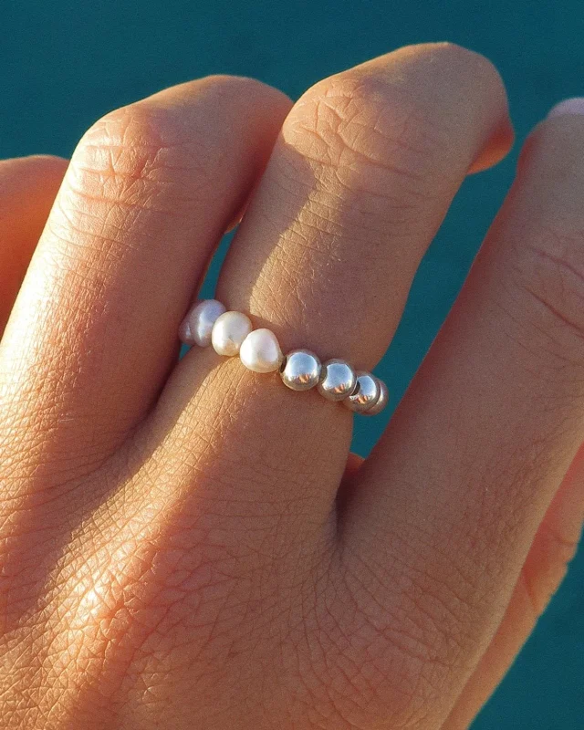 Vintage Wedding Band for Women-Half Freshwater Pearl Beaded Ring  - Sterling Silver