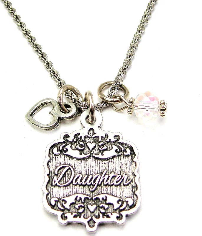 Handcrafted Silver Necklace-Daughter Victorian Scroll With Open Heart And Crystal 20" Stainless Steel Rope Necklace