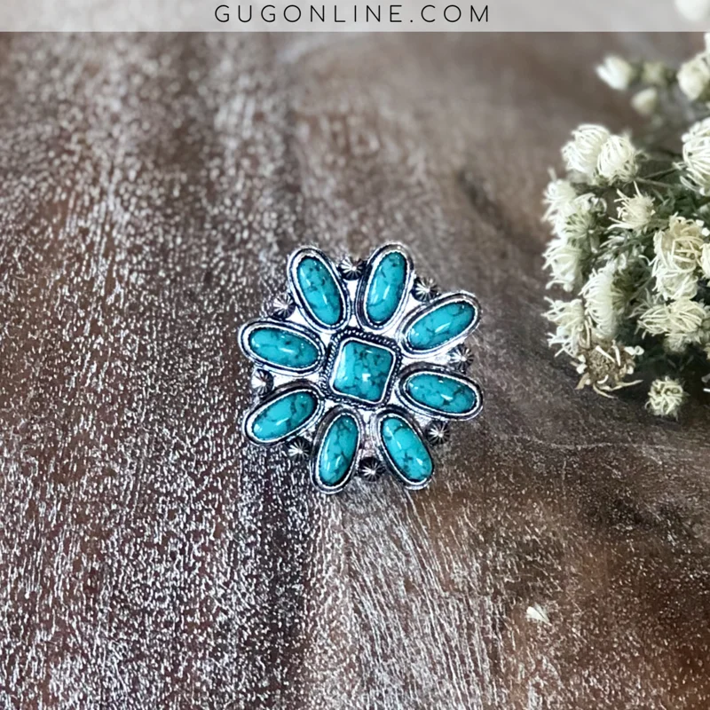 Stackable Wedding Bands-Turquoise Flower Ring